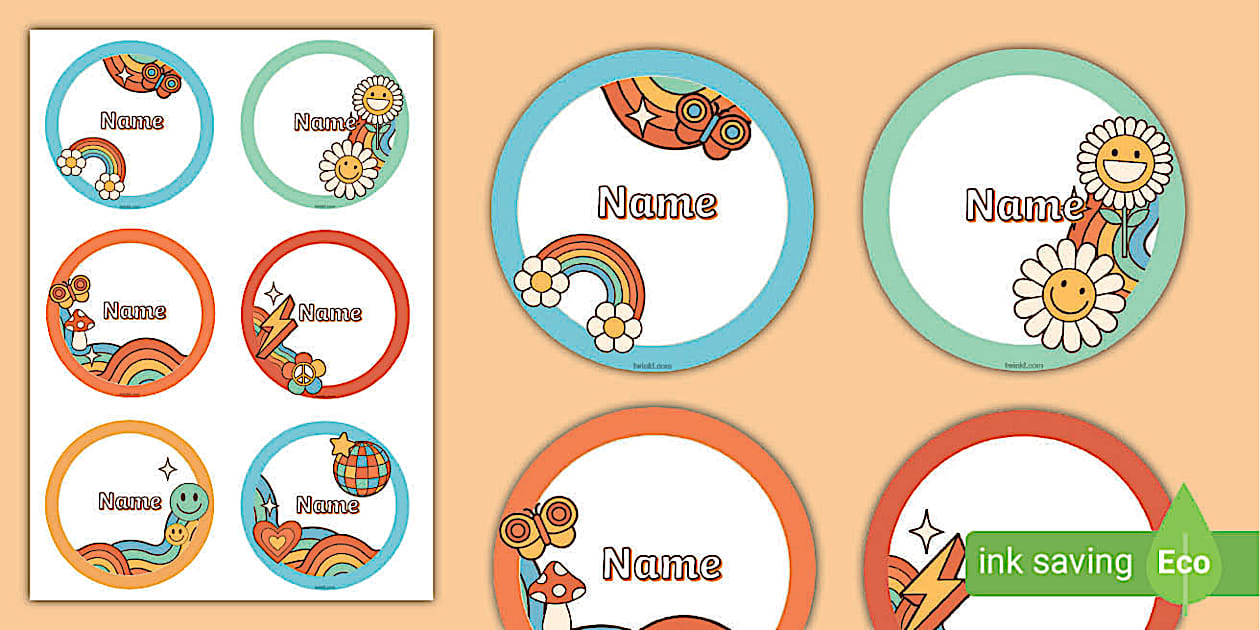 Retro Themed Editable Circle Name Labels (teacher made)