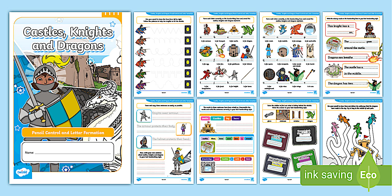 KS1 Castles, Knights and Dragons Pencil Control and Letter Formation