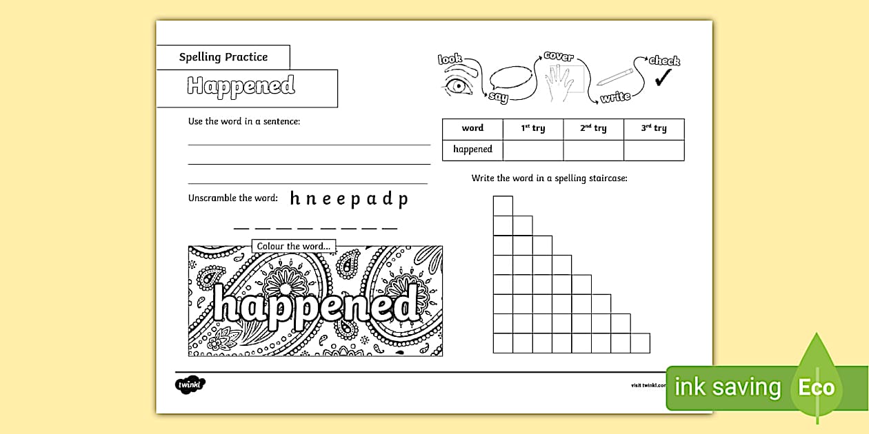 Happened Spelling Practice Worksheet (teacher made) Twinkl