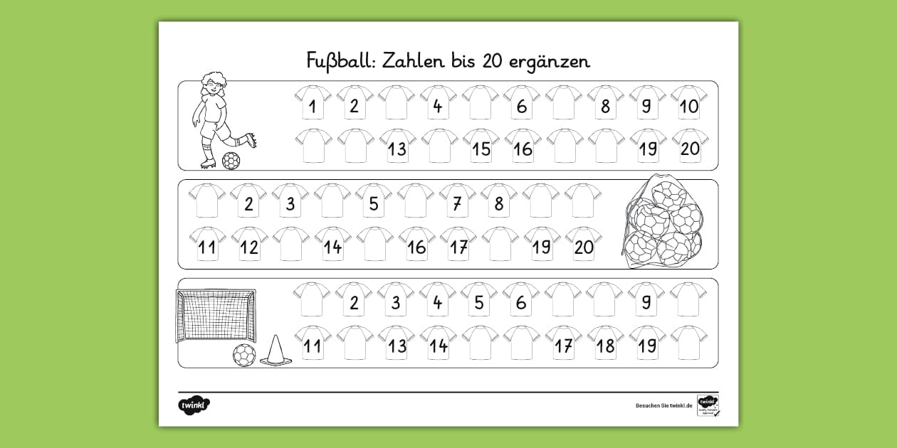 Fußball: Zahlen bis 20 ergänzen - Arbeitsblatt - Twinkl