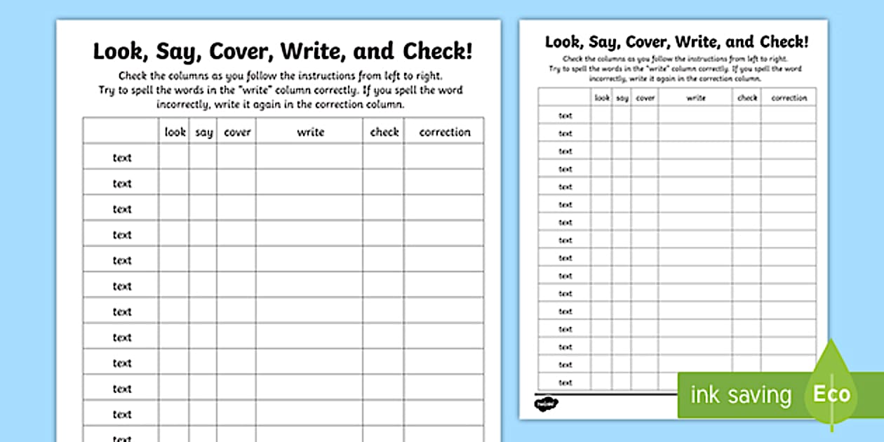 Editable Look Say Cover Write and Check Spelling Practice Template
