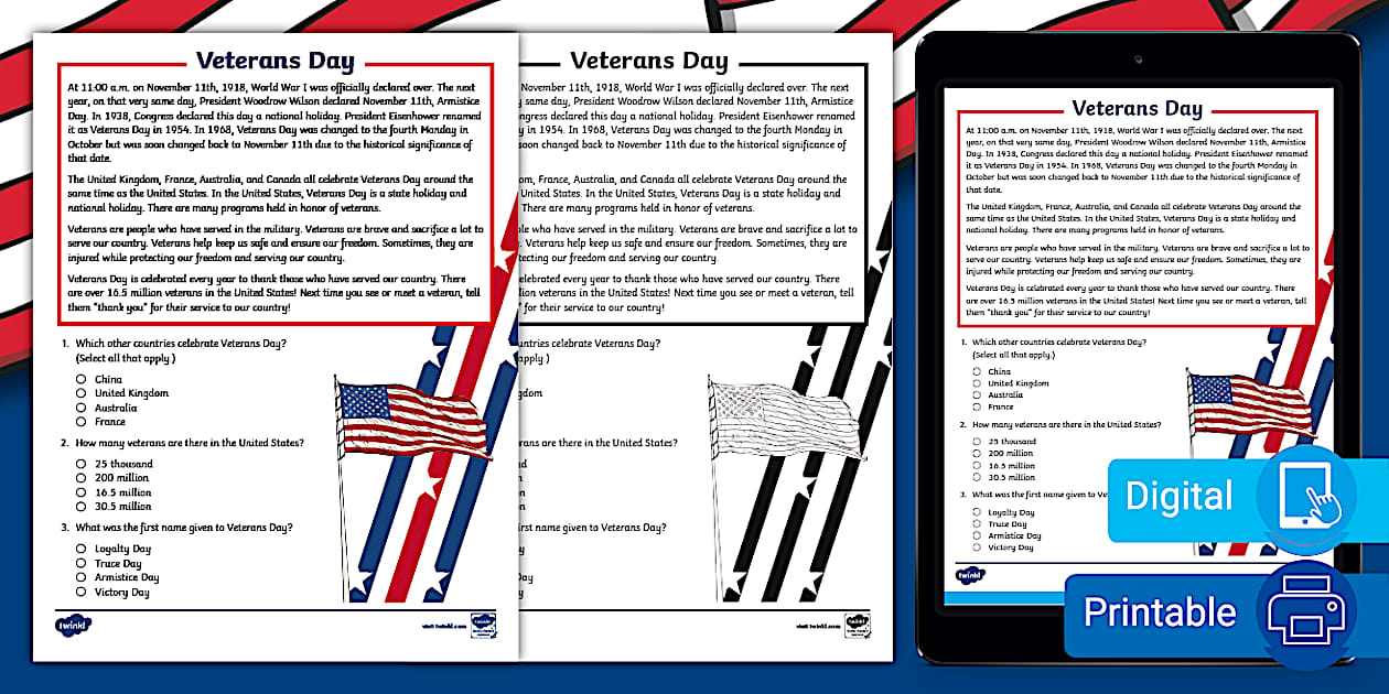 Veterans Day Reading Comprehension 5th Grade Twinkl
