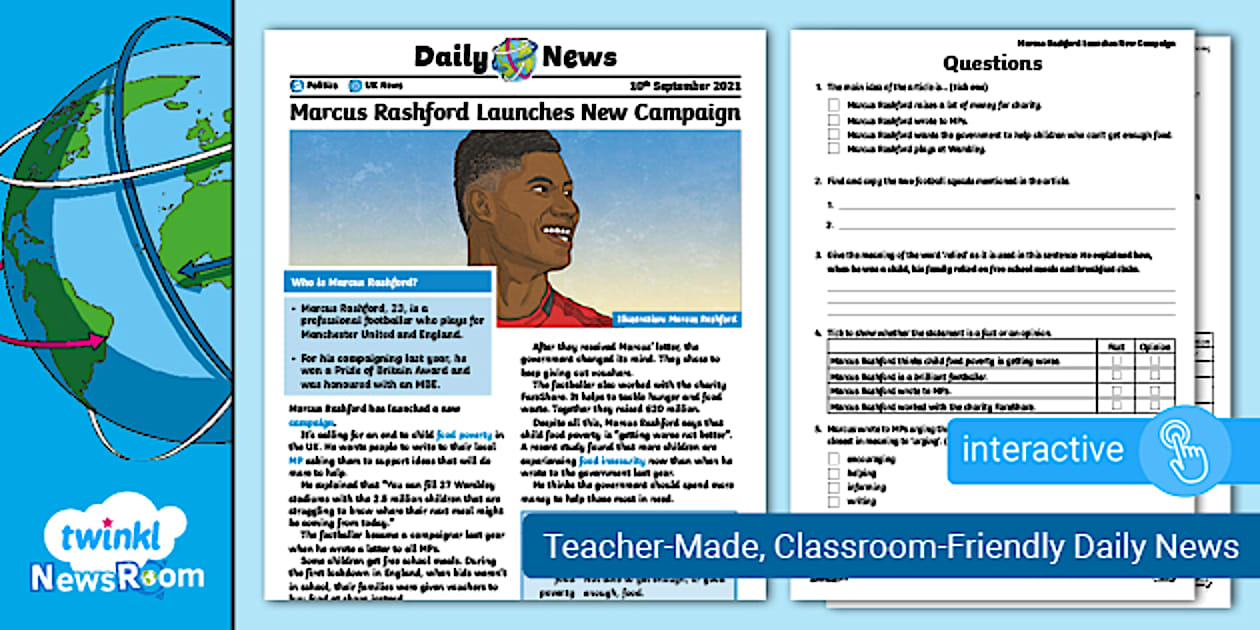 Marcus R Turify News Story for Children 9-11: Marcus Rashford New Campaign