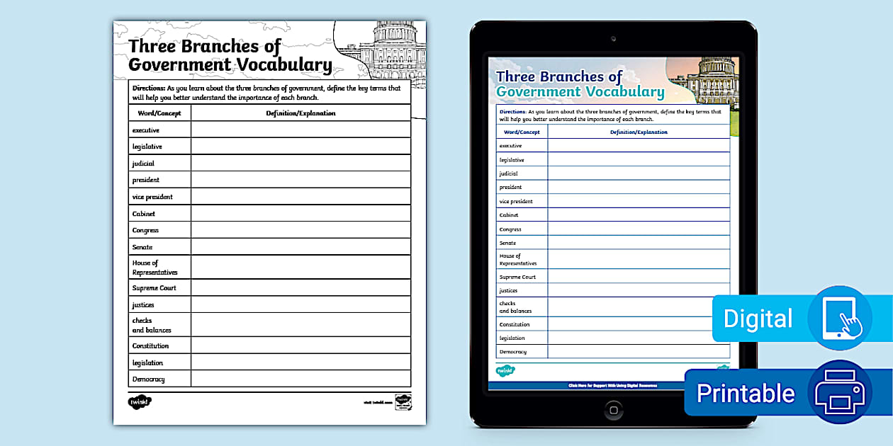 Sixth Grade Three Branches of Government Vocabulary Worksheet