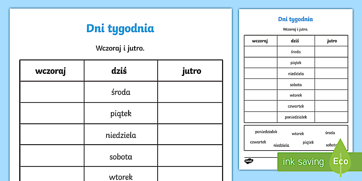 Wczoraj i Dziś | Dni Tygodnia | Karta Pracy - Twinkl