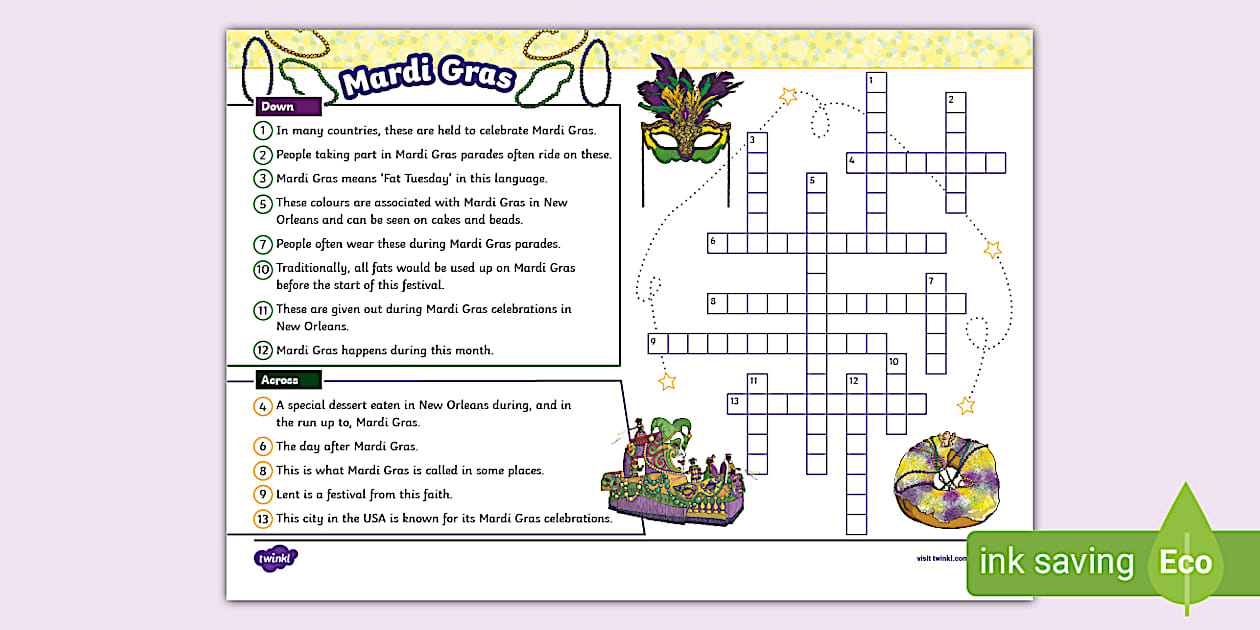 Mardi Gras Crossword (Teacher Made) Twinkl