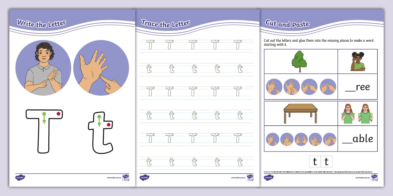 Letter T Handwriting Worksheets with Auslan (teacher made)