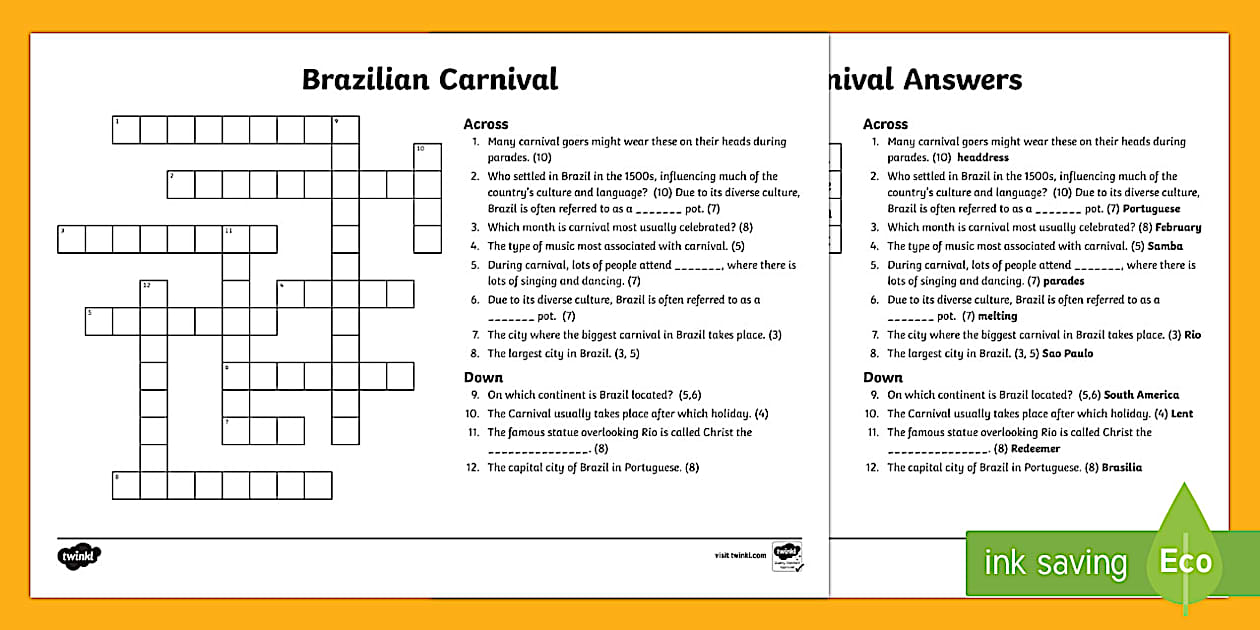 Brazilian Carnival Crossword (teacher made) Twinkl