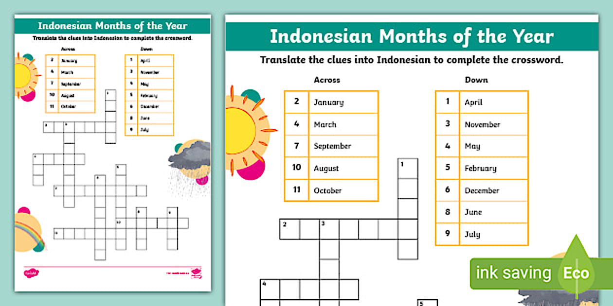 Months of the Year Crossword Indonesian Twinkl