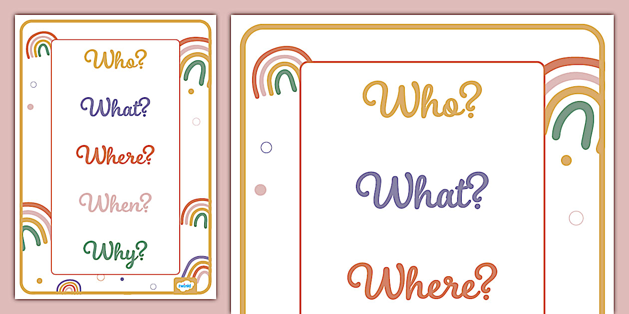 Muted Rainbow Themed Who, What, Where, When, Why Display Poster