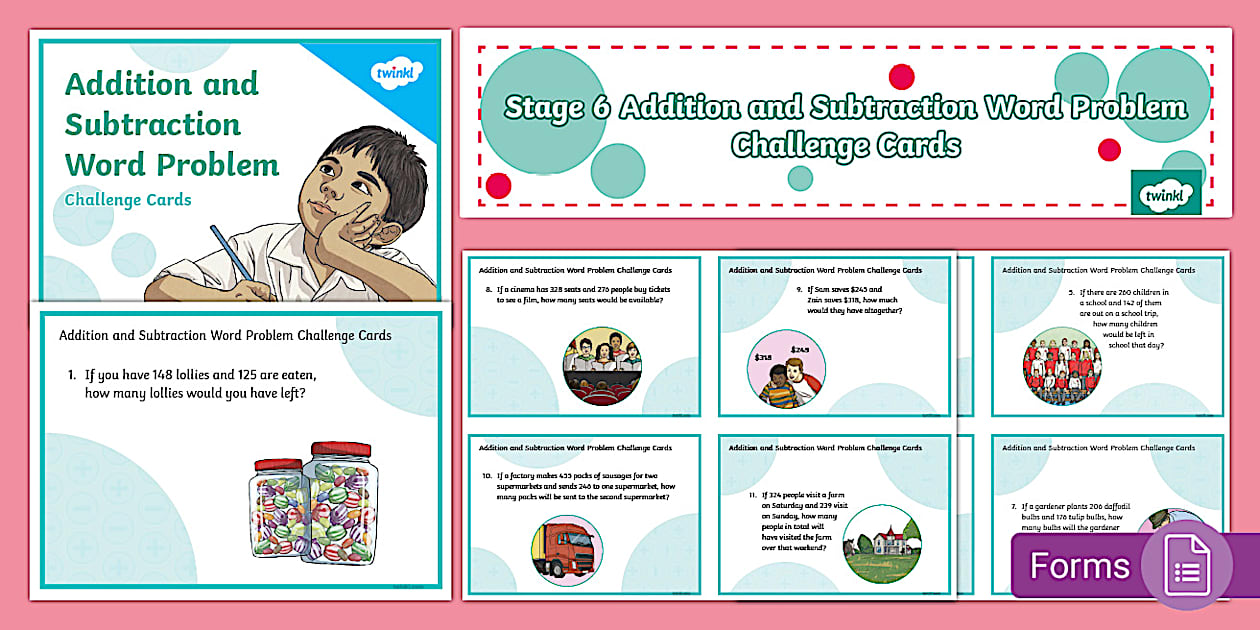 Stage 6 (Phase 2) Addition and Subtraction Word Problem Challenge Card