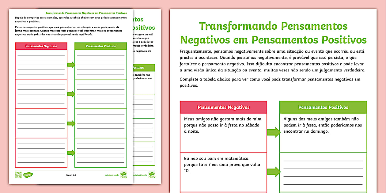Transformando pensamentos negativos em positivos - Folha de atividade