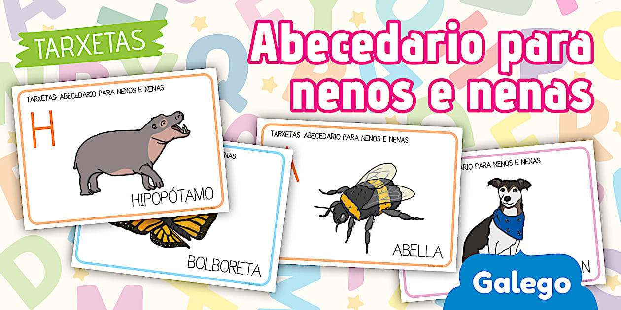 Tarxetas Abecedario de animais para nenos e nenas de Infantil Galego
