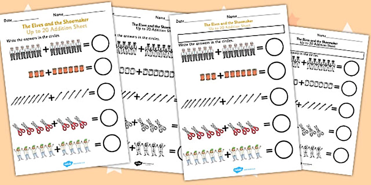 Black and White The Elves and the Shoemaker Up to 20 Addition Sheet