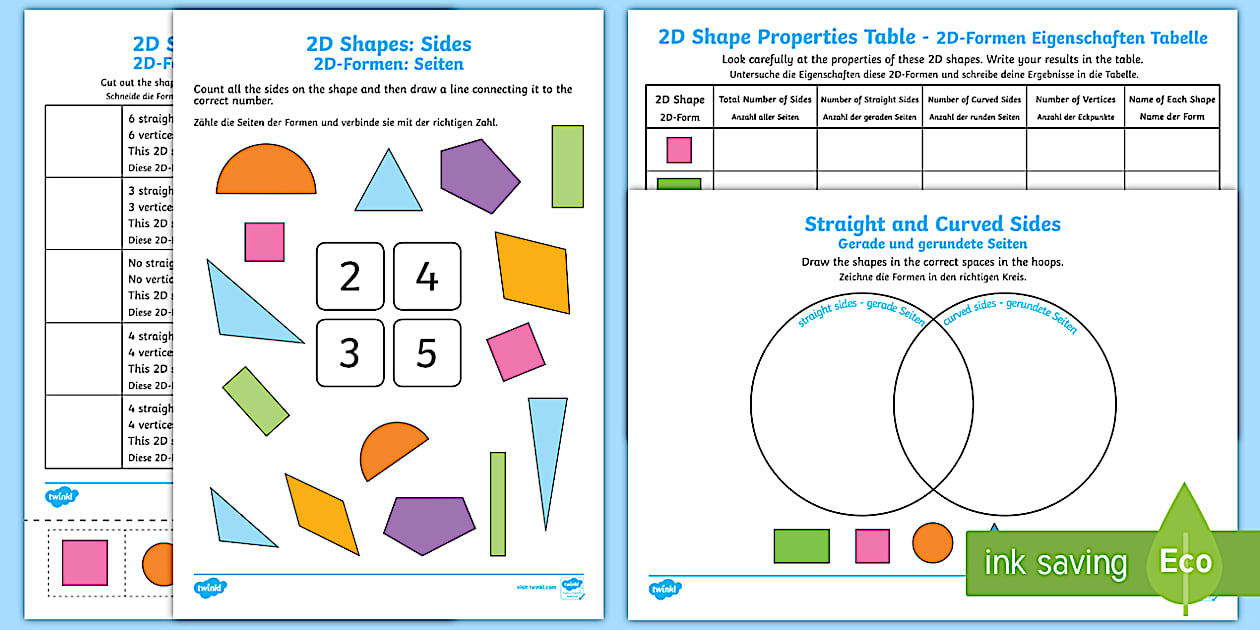 Properties of 2D Shapes Worksheet / Worksheet Pack English/German