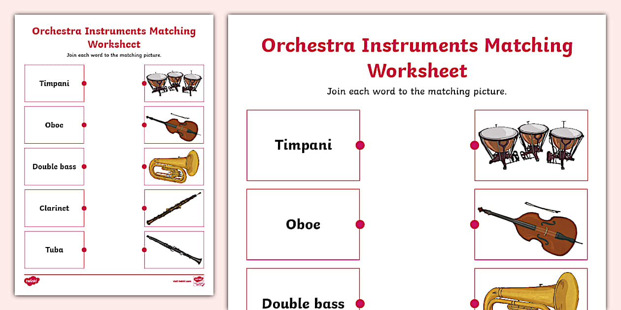 👉 Orchestra Instruments Matching Worksheet - Twinkl