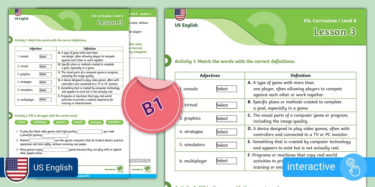 ESL Curriculum US English Level 8 Lesson 3 Interactive Sheet