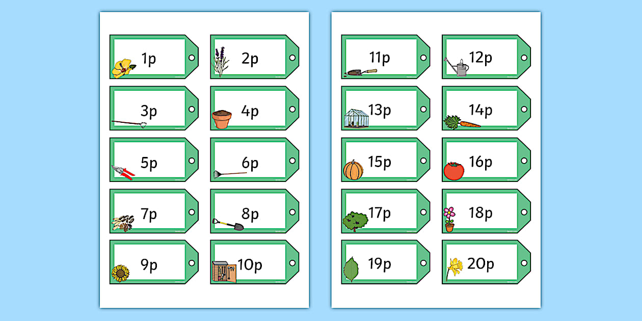 Editable Garden Centre Themed 1p to 20p on Price Tags