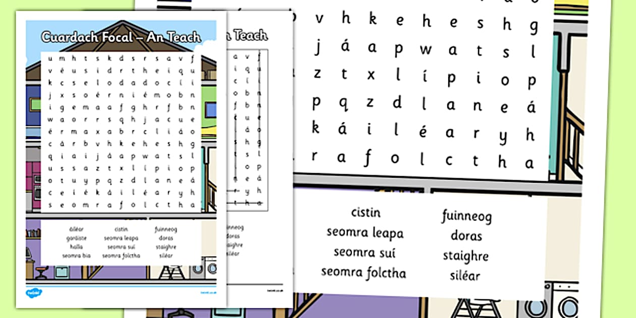 Black and White Irish Gaeilge An Teach Word Search - Twinkl