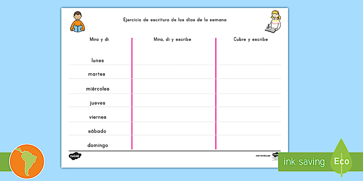 Ficha de actividad: Escritura de los días de la semana Days of the Week
