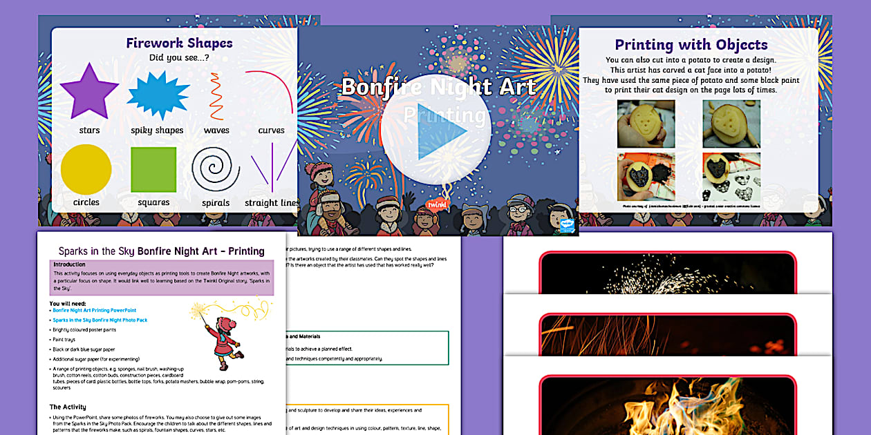 Sparks in the Sky Bonfire Night Art Printing Activity and PowerPoint Pack