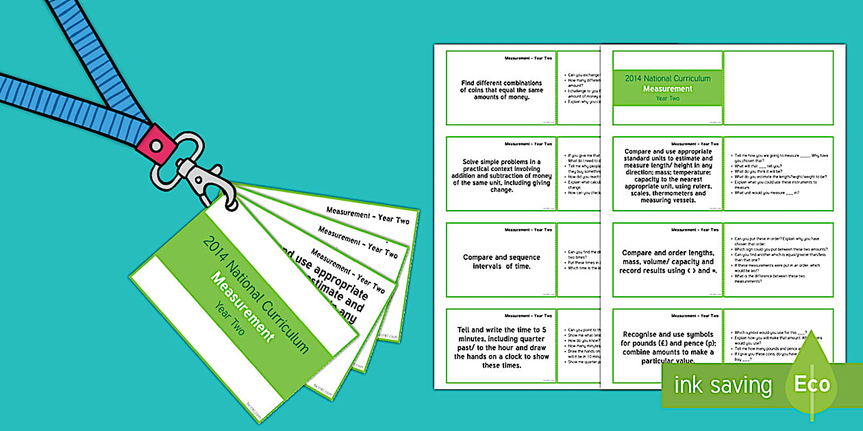 Measuring Lesson Objectives Lanyard-Sized Year Two Measurement Objectives Cards - Twinkl