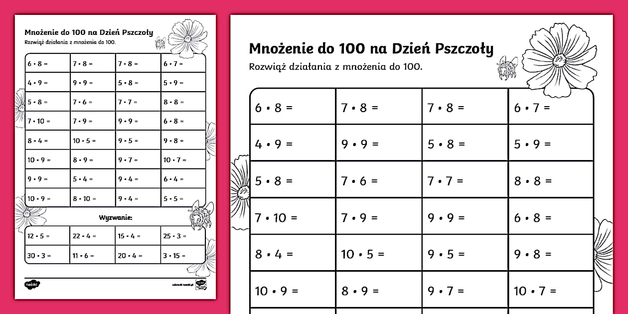 Mnożenie do 100 | Dzień Pszczoły | Karta pracy - Twinkl
