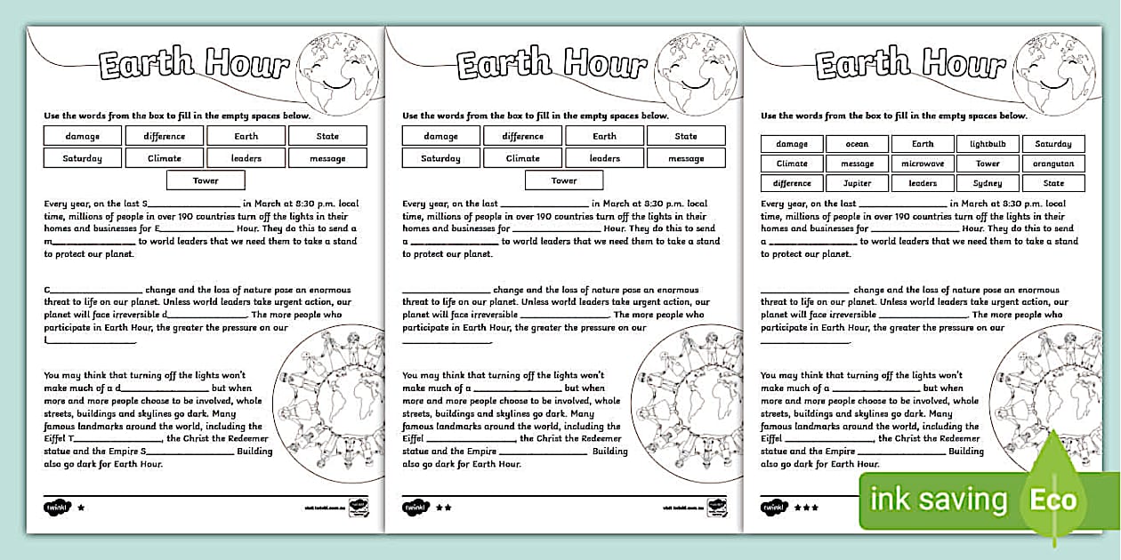 Earth Hour Differentiated Cloze ActivityAC9S2H01