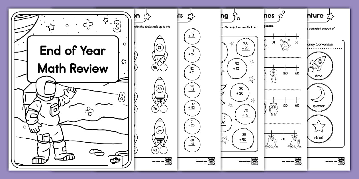 Second Grade Space-Themed End of Year Math Review Booklet