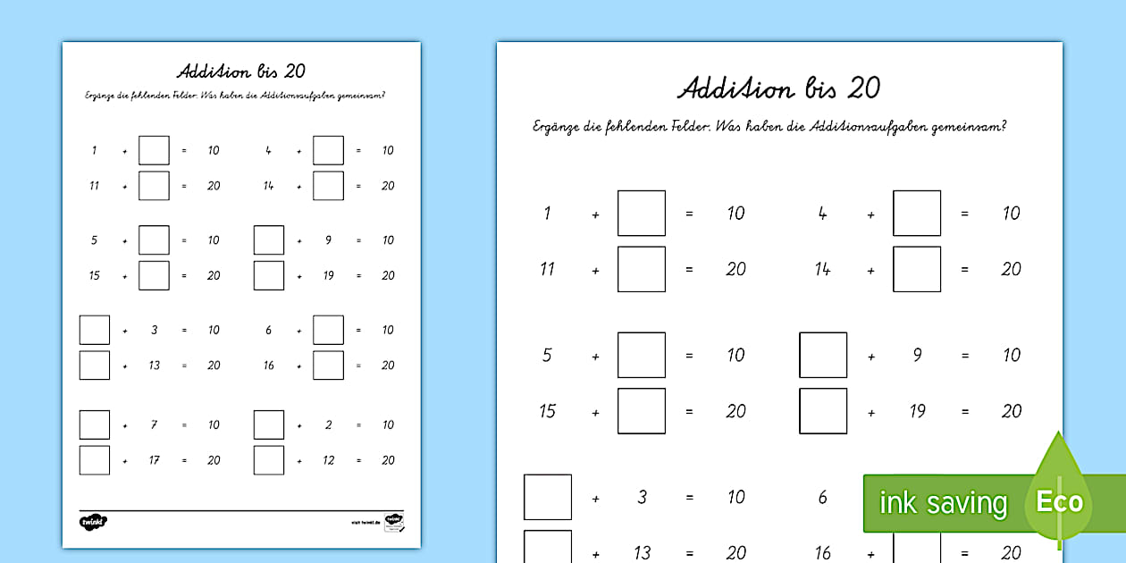 Addition bis 20 Arbeitsblatt (teacher made) - Twinkl