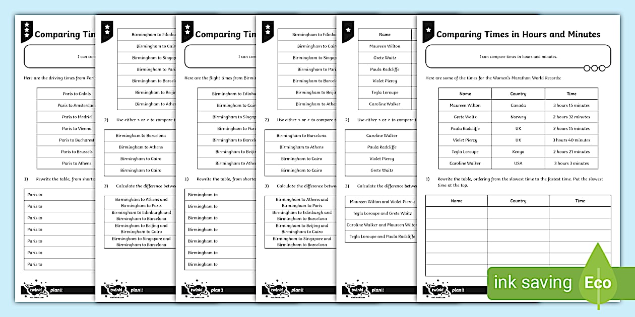 Comparing Duration Worksheet Lower Ability Comparing Times in Hours and Minutes Differentiated ...