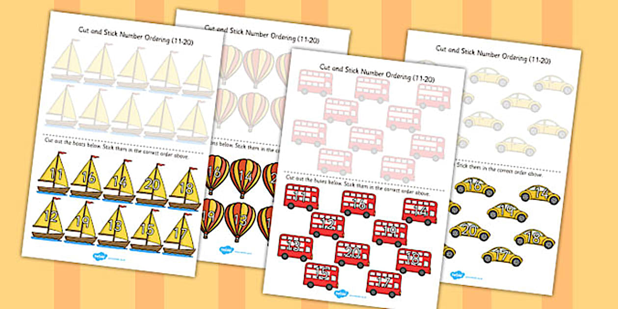Black and White Transport Themed Cut and Stick Number Ordering Activity ...
