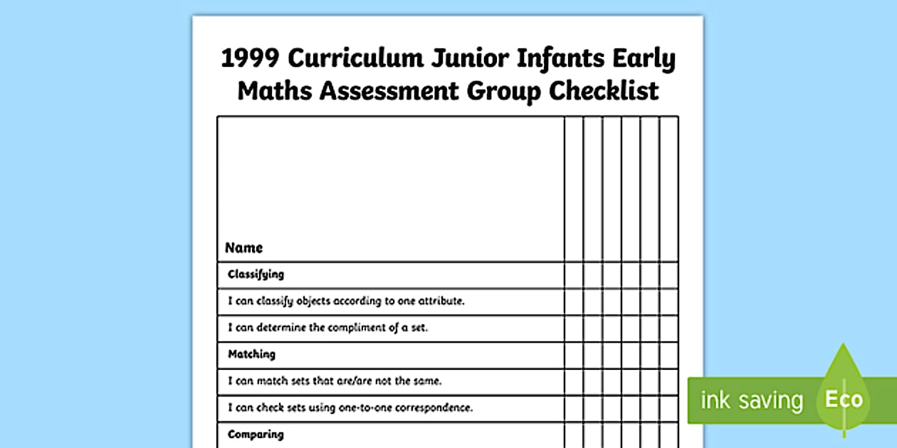 Editable 1999 Curriculum Junior Infants Early Maths Activities Assessment