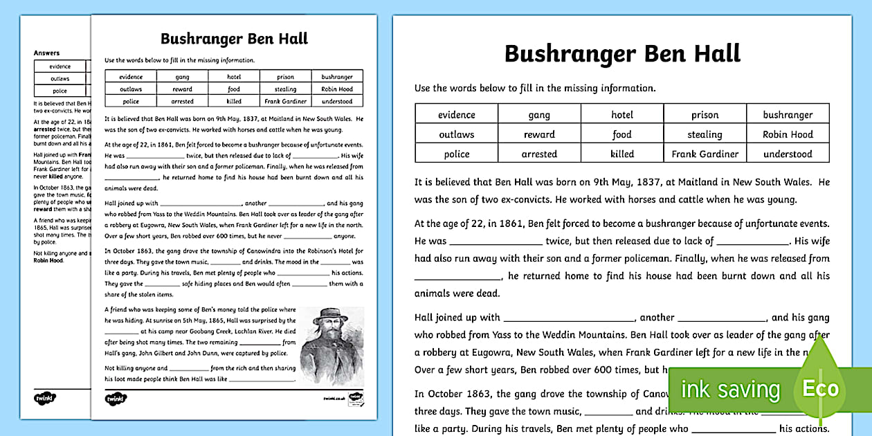 Bush Ranger Worksheets Ben Hall Worksheet for Australian Bushrangers Unit of Work
