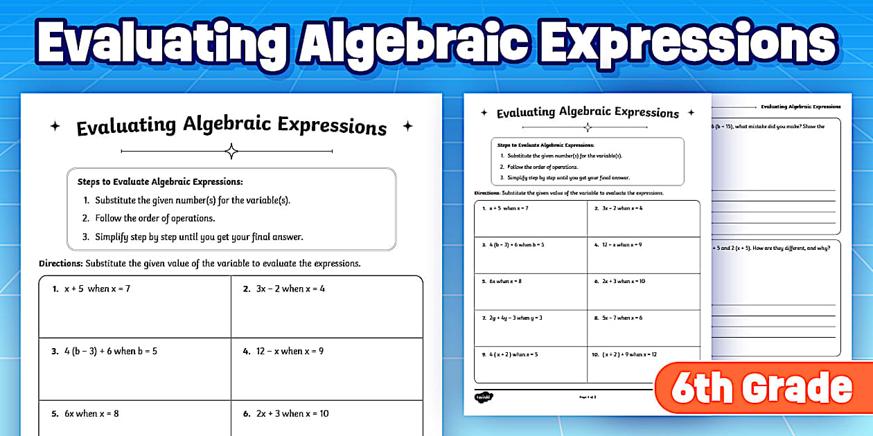 Math Basic Skills Evaluating Algebraic Expressions Worksheet