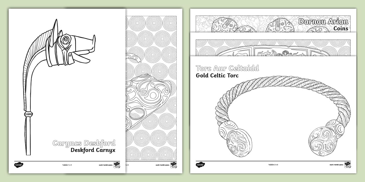 Taflenni Lliwio Arteffactau Celtaidd/Celtic Artefact Colouring Sheets