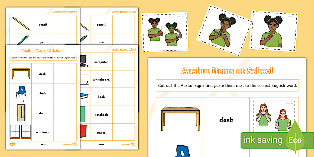 Auslan Items at School Cut and Paste (Teacher-Made) - Twinkl