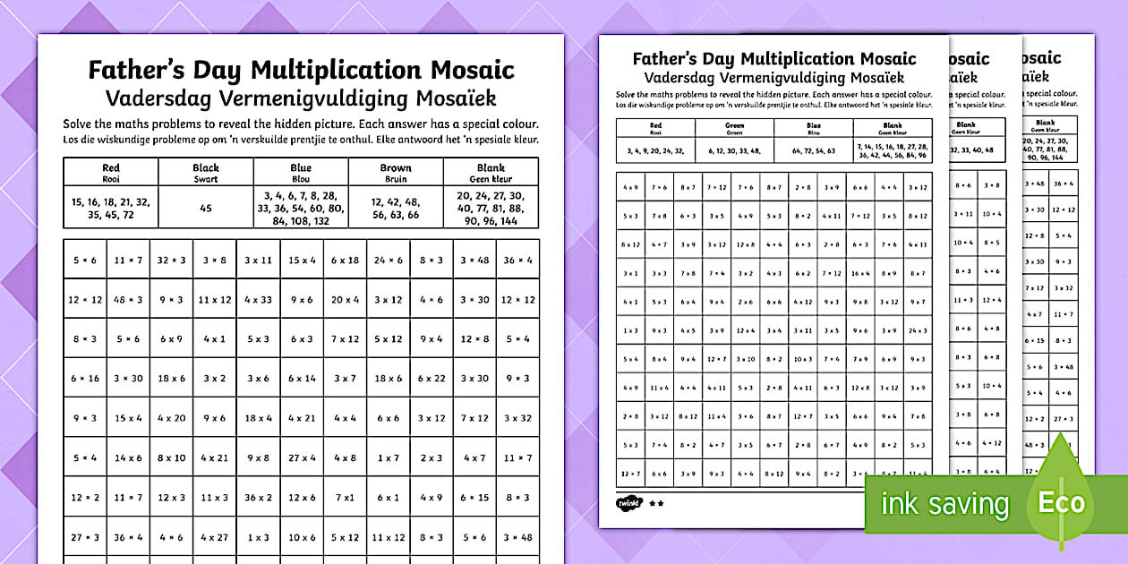 Father's Day Multiplication Mosaic Activity English/Afrikaans