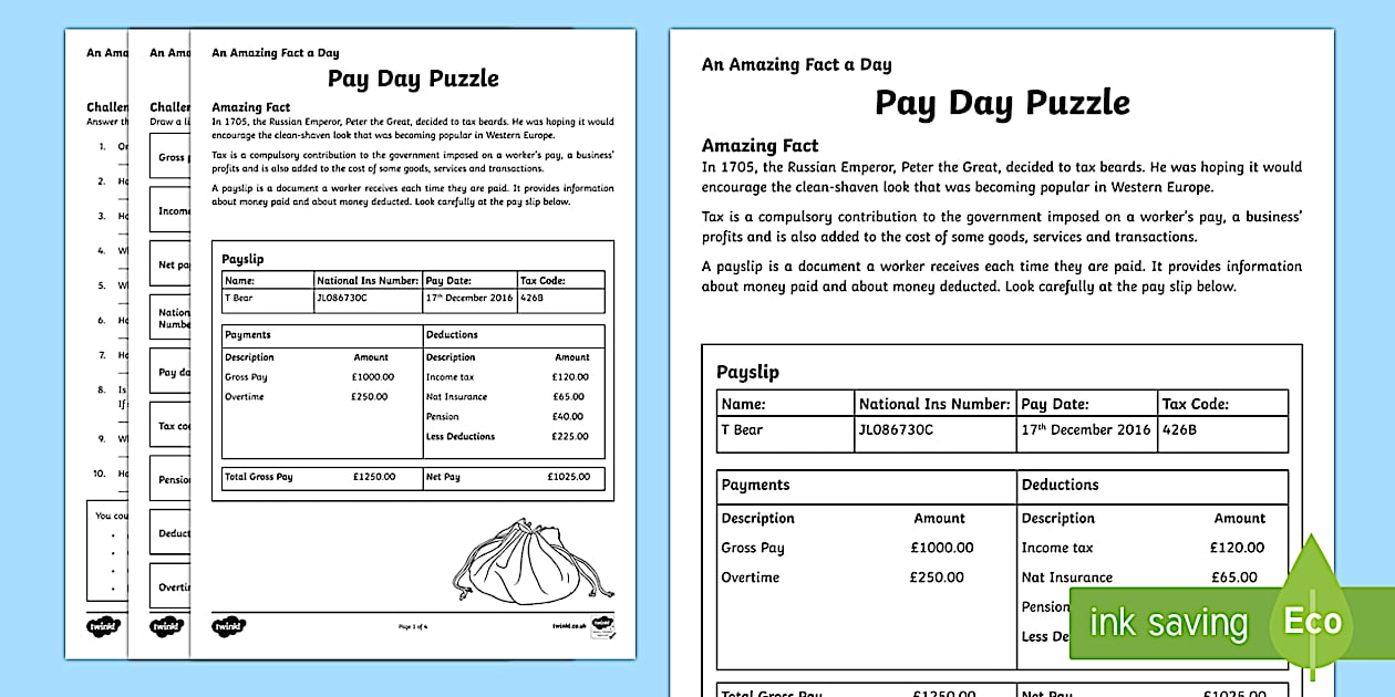 Editable Pay Day Puzzle Worksheet (professor feito) - Twinkl