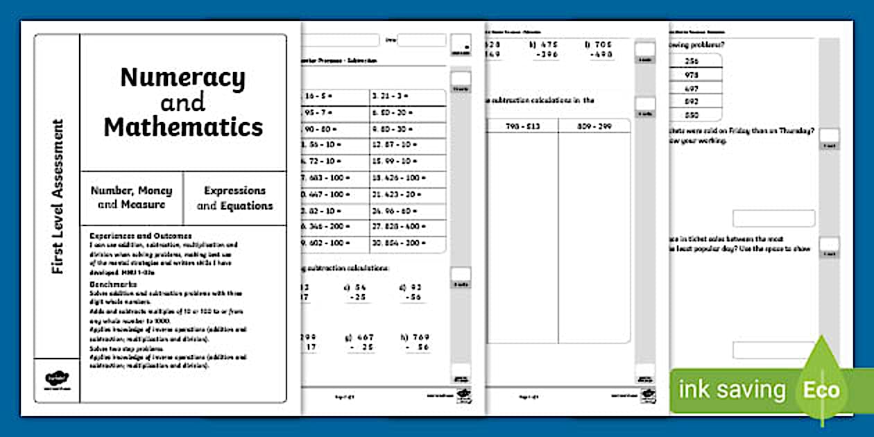 First Level Numeracy and Mathematics Assessment - Subtraction