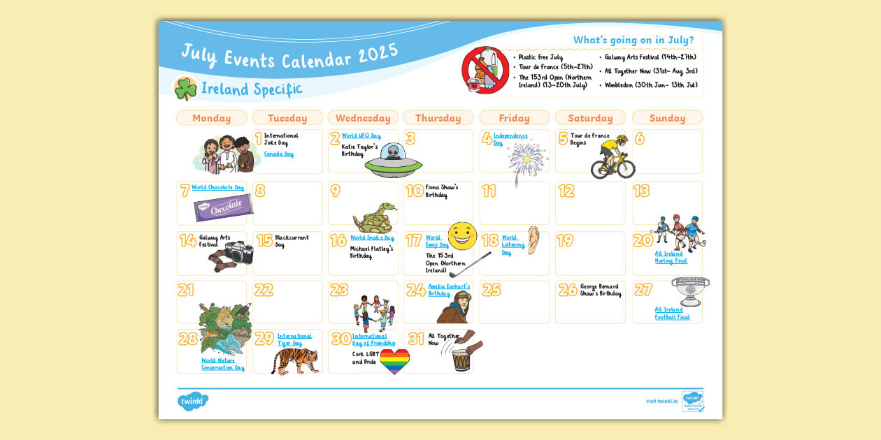 July Events Calendar 2025 Ireland Specific Twinkl