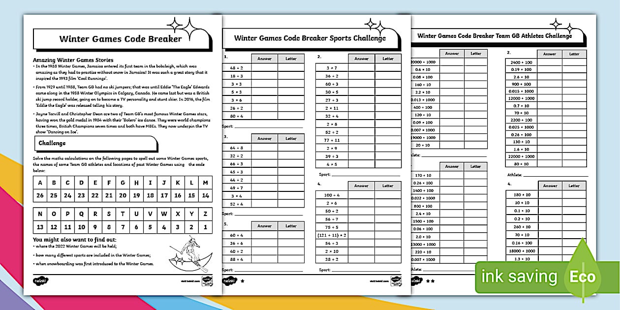 KS2 Winter Olympics Code Breaker Differentiated Worksheets,