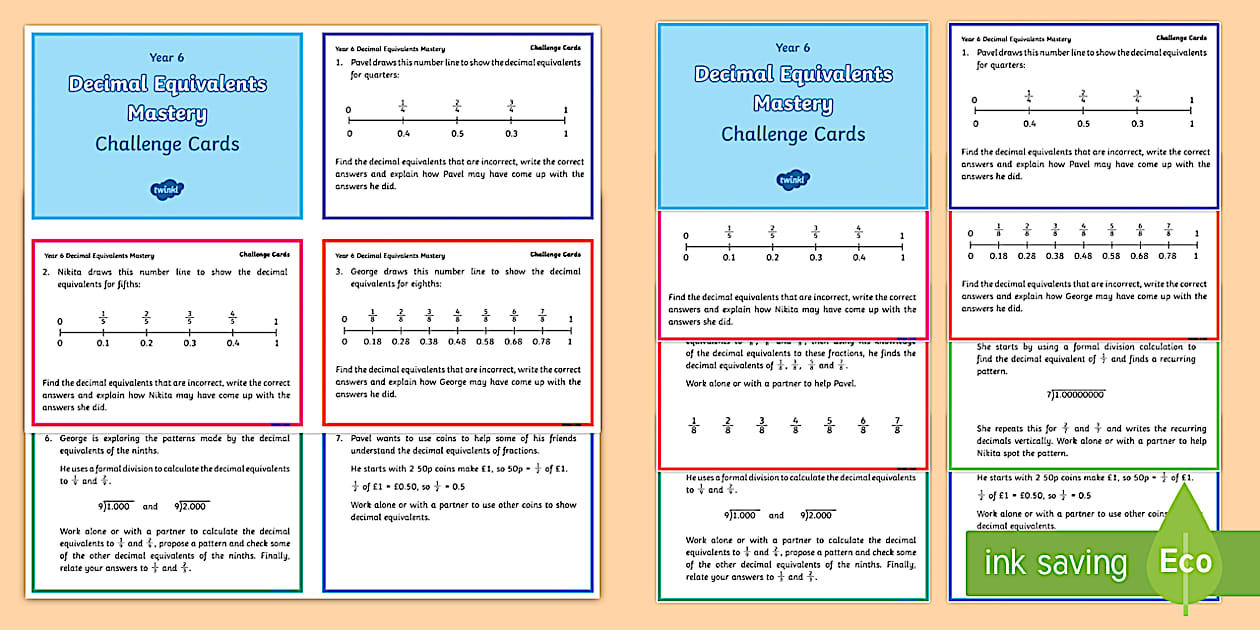Black and White Year 6 Decimal Equivalents Maths Mastery Challenge Cards
