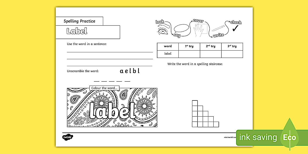 Label Spelling Practice Worksheet (teacher made) - Twinkl