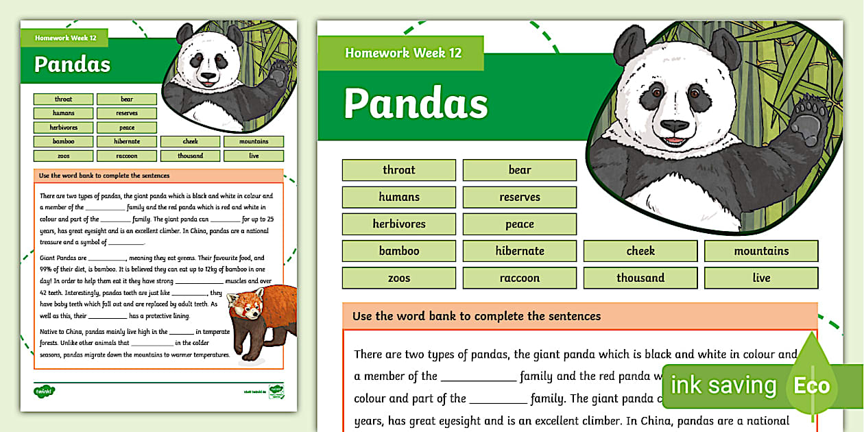 Cloze Procedure Homework Week 12 Panda 3rd/4th Class