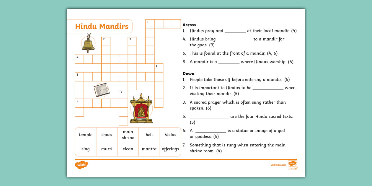 KS1 Hindu Mandir Crossword KS1 (Hecho por educadores)