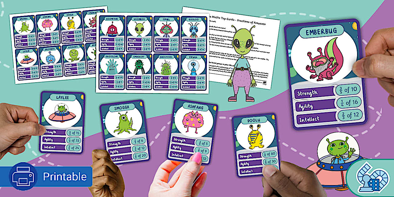 Finding Fractions of Quantities Top Card Game - Space Aliens