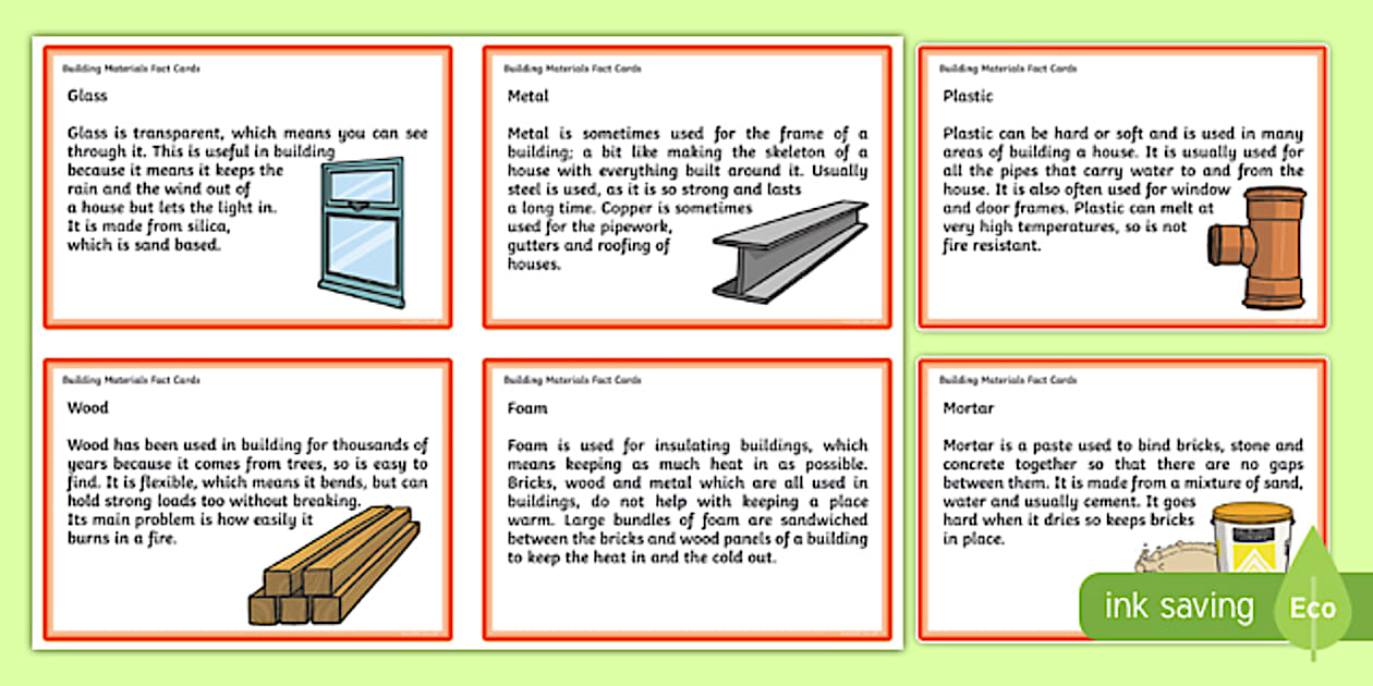 Editable Building Materials Fact Cards (l'enseignant a fait)