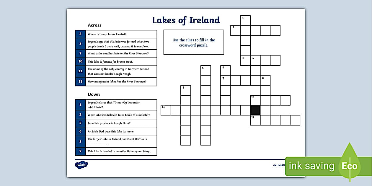 Lakes of Ireland Crossword 3rd/ 4th Class Twinkl