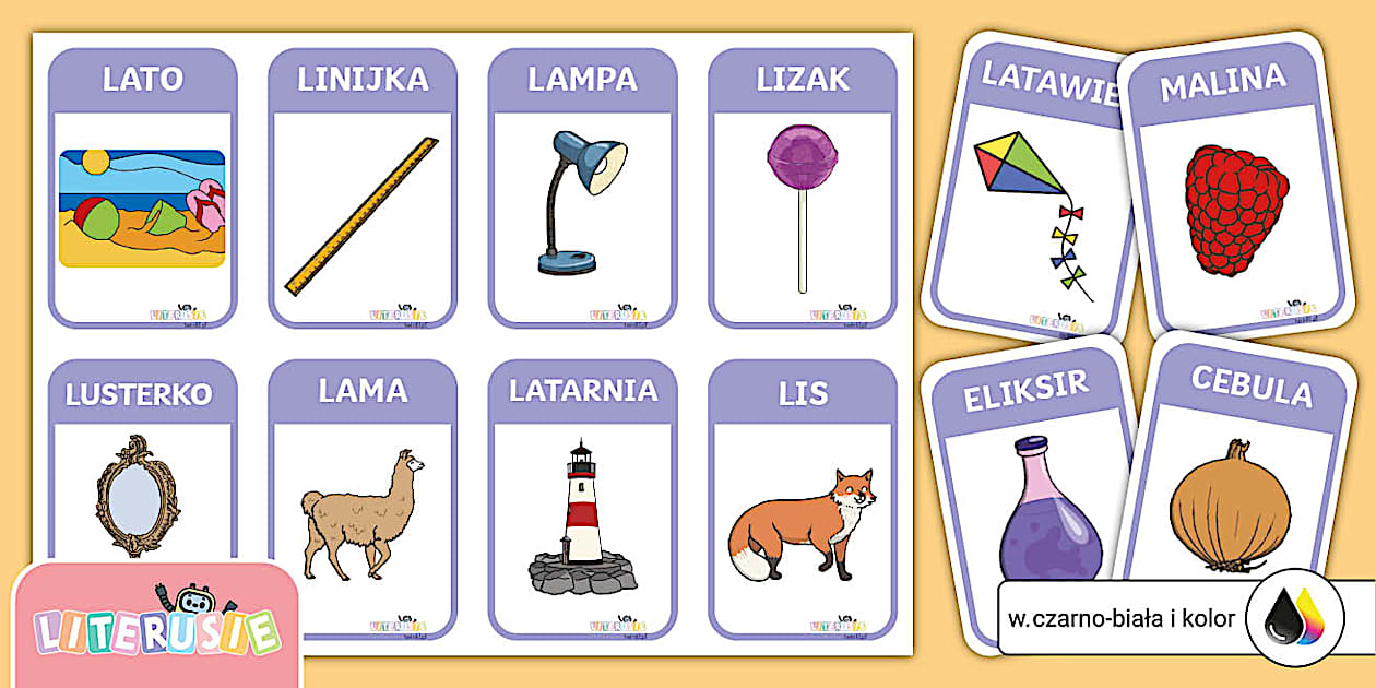 Literom Literuś L | Fiszki z wyrazami z literą L | Karty obrazkowe